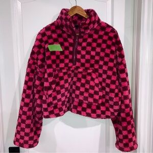 Pink & Red Checkered Cropped Teddy Fleece Sweatshirt - size L